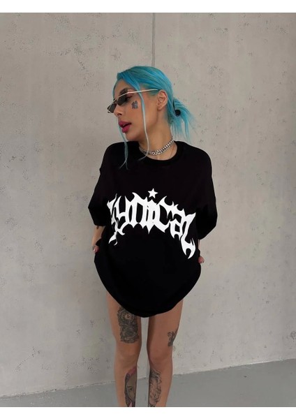 Unisex Bisiklet Yaka Baskılı Oversize T-Shirt - Siyah fiyatları