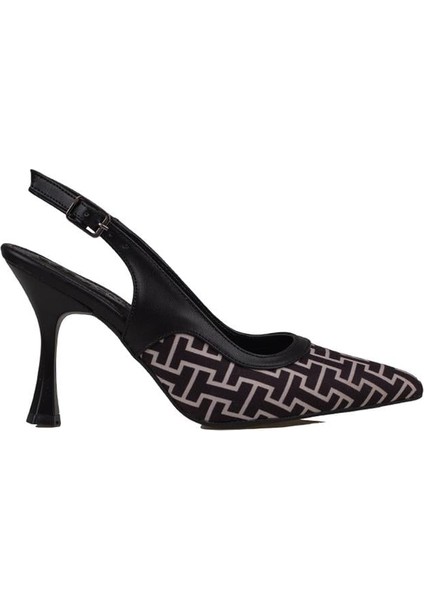 Siyah Kadın Keten Arkası Açık Kemerli Klasik Ayakkabı