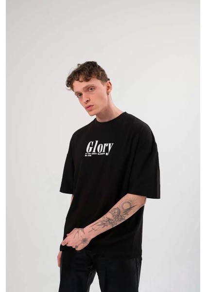 Unisex Bisiklet Yaka Baskılı Oversize T-Shirt - Siyah