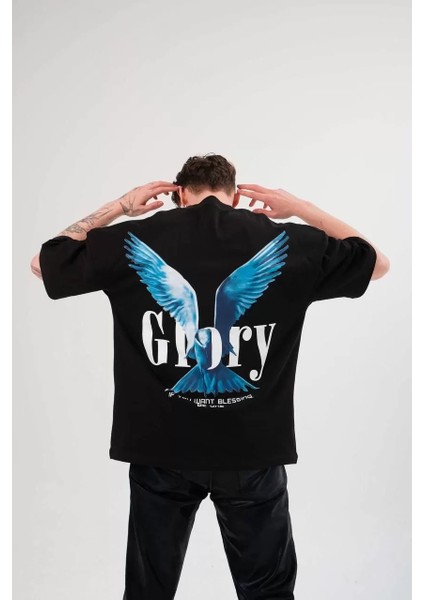 Unisex Bisiklet Yaka Baskılı Oversize T-Shirt - Siyah fiyatları