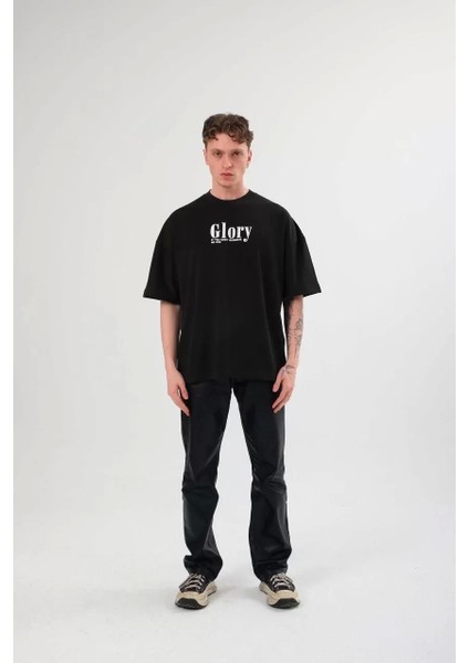 Unisex Bisiklet Yaka Baskılı Oversize T-Shirt - Siyah modelleri