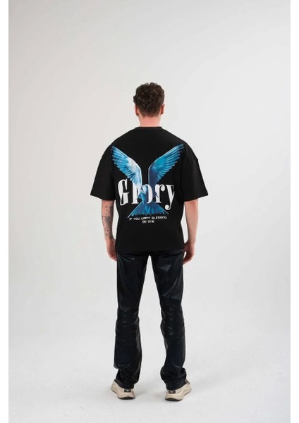 Unisex Bisiklet Yaka Baskılı Oversize T-Shirt - Siyah fırsatları