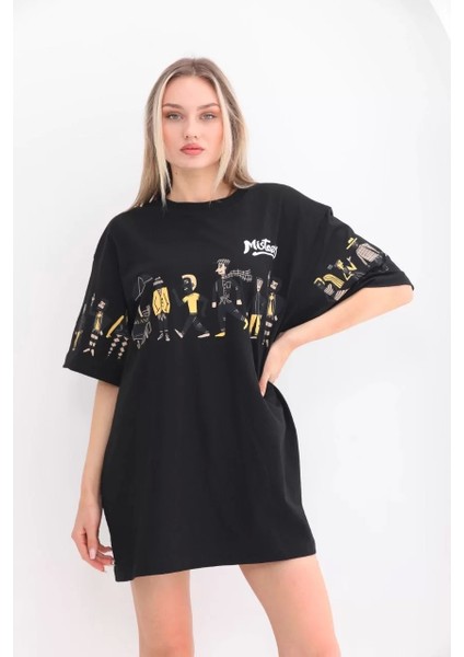 Unisex Bisiklet Yaka Baskılı Oversize T-Shirt - Siyah fiyatları