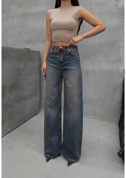 Kordon Bağlamalı Yüksek Bel Bol Paça Kadın Denim Pantolon