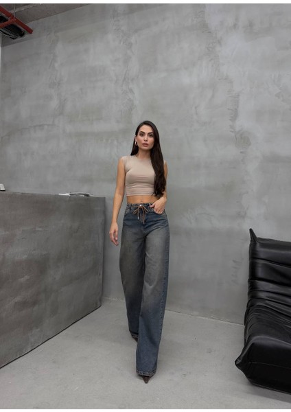Kordon Bağlamalı Yüksek Bel Bol Paça Kadın Denim Pantolon modelleri