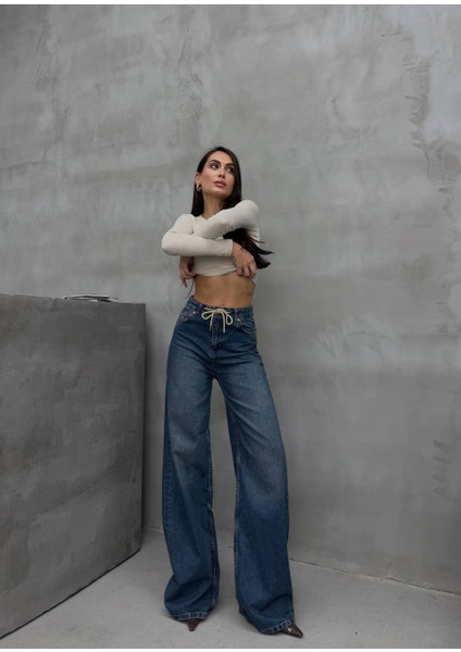 Kordon Bağlamalı Yüksek Bel Bol Paça Kadın Denim Pantolon indirimleri