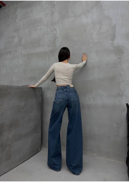 Kordon Bağlamalı Yüksek Bel Bol Paça Kadın Denim Pantolon