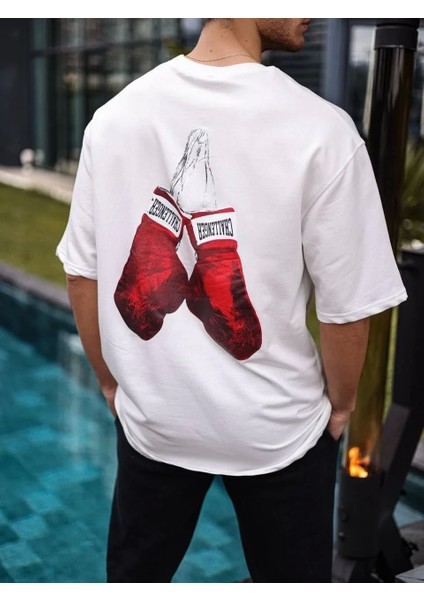 Unisex Bisiklet Yaka Baskılı Oversize T-Shirt - Beyaz fiyatları
