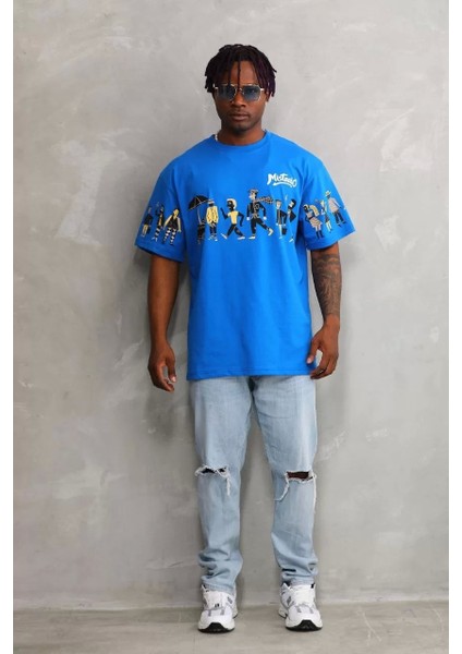 Unisex Bisiklet Yaka Baskılı Oversize T-Shirt - Mavi indirimleri