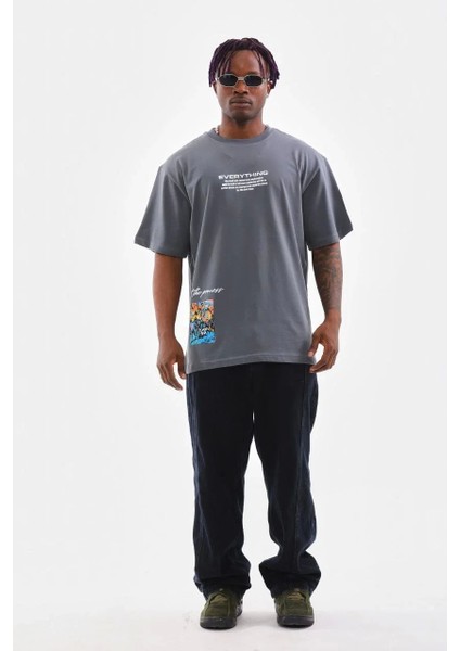 Unisex Bisiklet Yaka Baskılı Oversize T-Shirt - Gri indirimleri