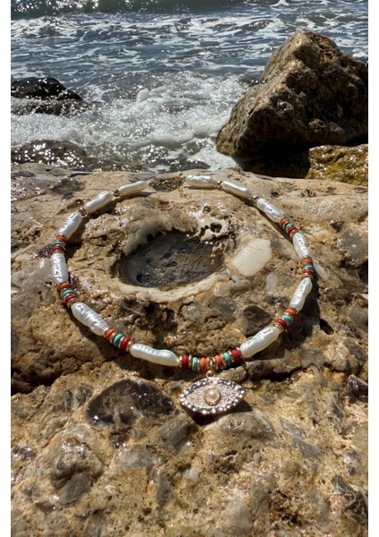 Incili Renkli Boncuklu Göz Kolye Beyaz