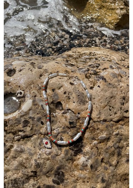 Incili Renkli Boncuklu Göz Kolye Beyaz modelleri