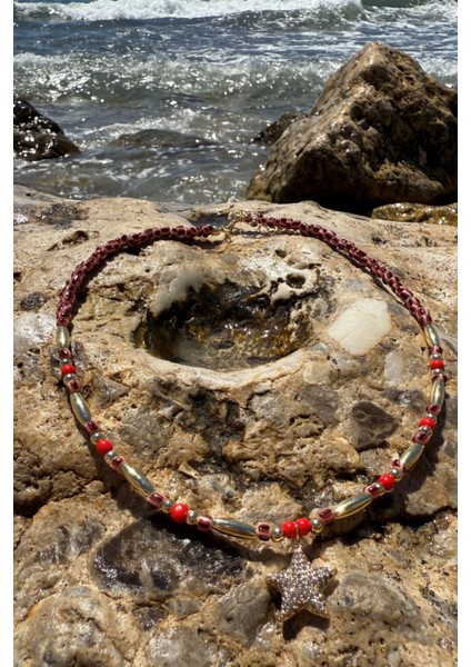 Zirkon Taşlı Yıldız Charm Boncuklu Kolye Kırmızı modelleri