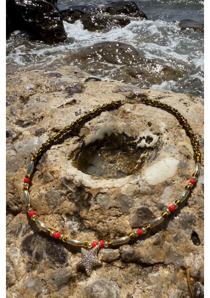 Zirkon Taşlı Yıldız Charm Boncuklu Kolye Koyu Yeşil