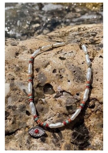 Incili Renkli Boncuklu Göz Kolye Kırmızı fiyatları