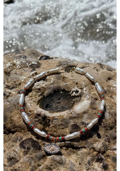 Incili Renkli Boncuklu Göz Kolye Kırmızı fırsatları