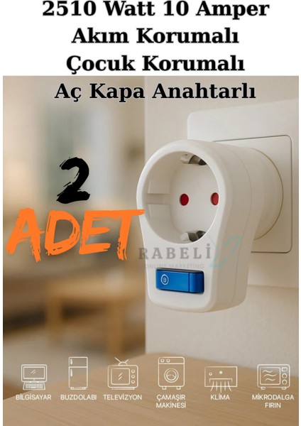 2 Adet Yüksek Kaliteli Akım ve Çocuk Korumalı Tekli Priz 2510 Watt Anahtarlı LED Işıklı 10 Amper