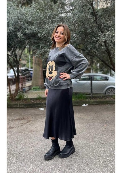Antrasit Mickey Baskılı Yıkamalı Sweat
