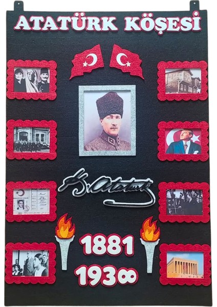 Meşaleli, Imzalı ve Resimli Atatürk Köşesi Panosu Keçe Siyah Zeminli