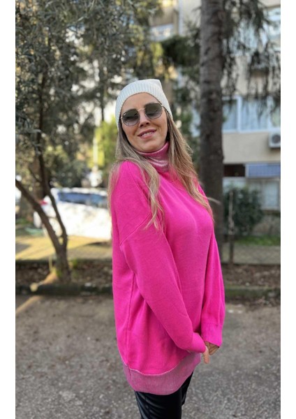 Fuşya Balıkçı Yaka Varaklı Triko Kazak fiyatları