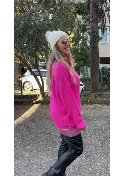 Fuşya Balıkçı Yaka Varaklı Triko Kazak modelleri