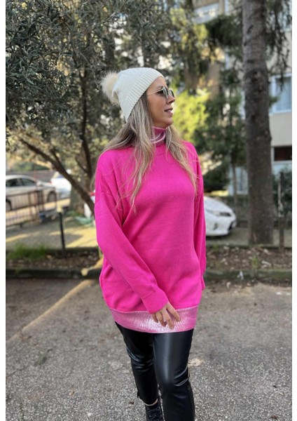 Fuşya Balıkçı Yaka Varaklı Triko Kazak fırsatları