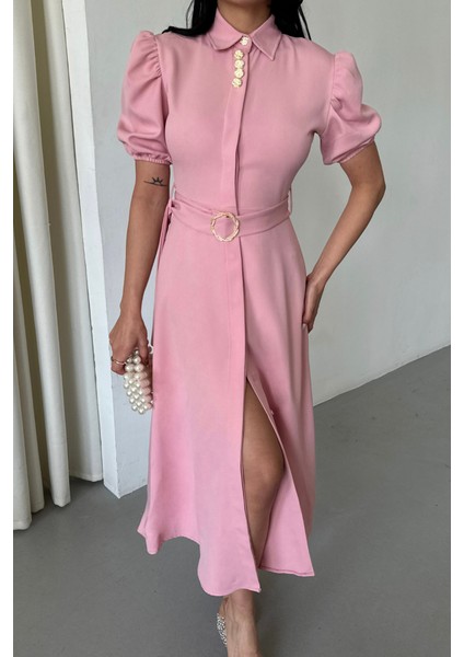 Yaka Düğme Detaylı Elbise- Pembe Pembe-S fırsatları
