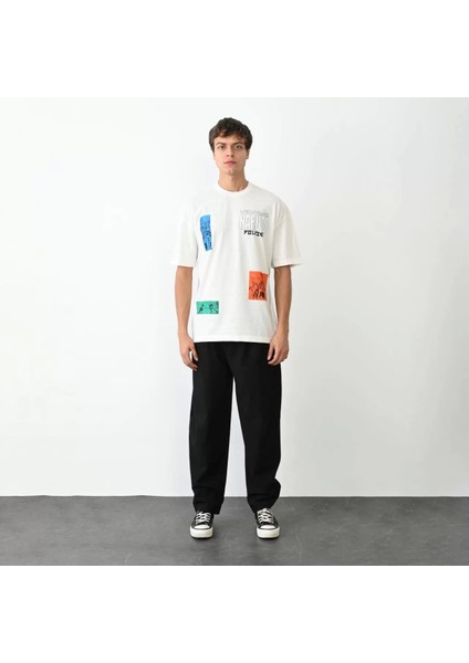 Unisex Bisiklet Yaka Baskılı Oversize T-Shirt - Beyaz