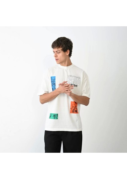 Unisex Bisiklet Yaka Baskılı Oversize T-Shirt - Beyaz fiyatları