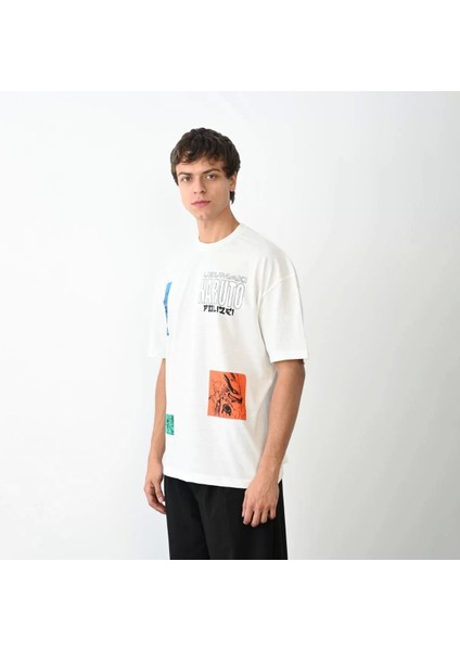 Unisex Bisiklet Yaka Baskılı Oversize T-Shirt - Beyaz modelleri