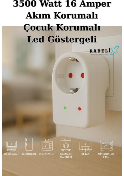 Tekli Akım ve Çocuk Korumalı Priz LED Göstergeli 3500 Watt 16 Amper