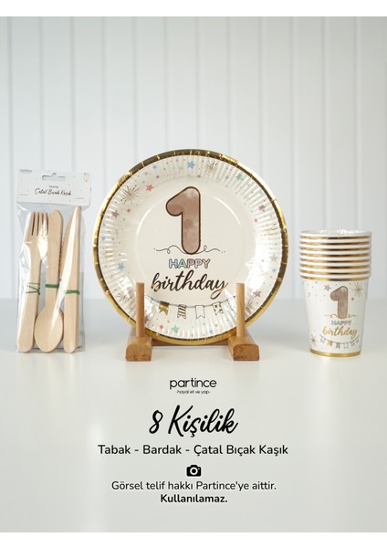 8 Kişilik Gold Yaldız 1 Yaş Happy Birthday Karton Kullan At Tabak-bardak-çatal Kaşık Bıçak Parti Set