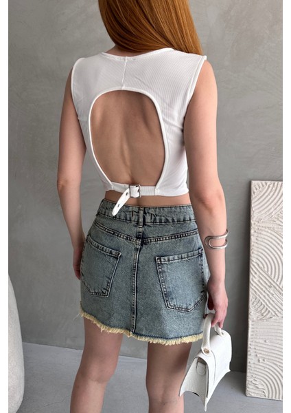 Sırtı Kemer Detaylı Kaşkorse Crop Bluz indirimleri