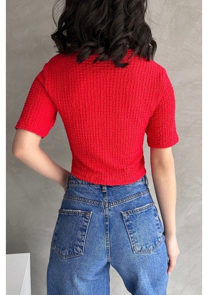 V Yaka Önü Bağlamalı Gofre Crop Bluz fiyatları