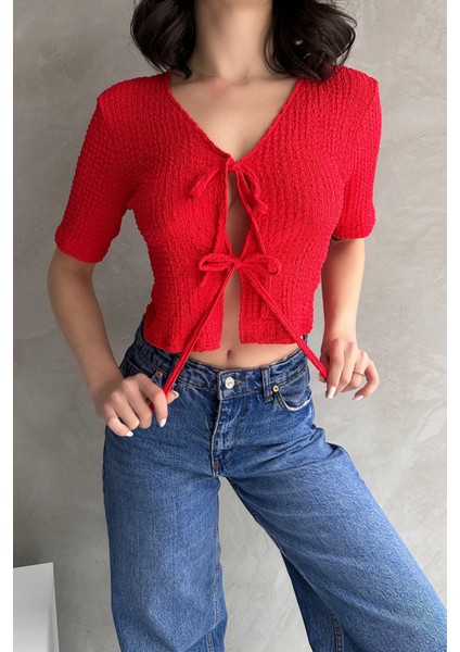 V Yaka Önü Bağlamalı Gofre Crop Bluz modelleri