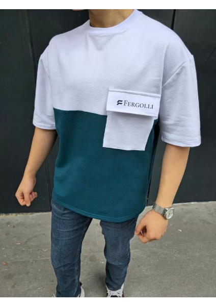 Unisex Torba Cep Detaylı Parçalı T-Shirt - Lacivert