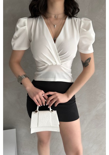 Kruvaze Yaka Karpuz Kol Crep Bluz