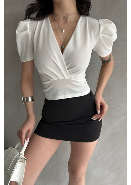 Kruvaze Yaka Karpuz Kol Crep Bluz modelleri