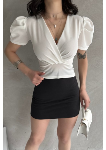 Kruvaze Yaka Karpuz Kol Crep Bluz fırsatları