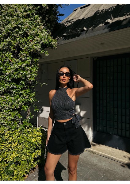 Çizgili Beli Kuşak Detaylı Halter Bluz fiyatları