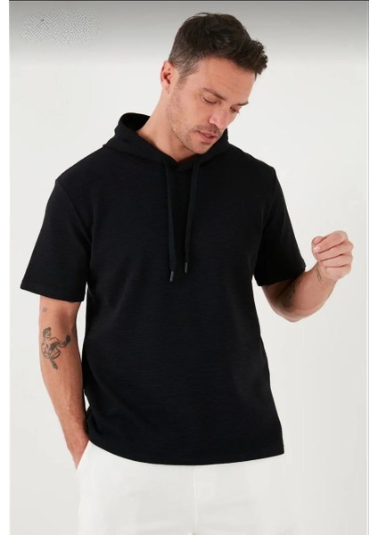 Unisex Kapşonlu Kısa Kol Düz Oversize T-Shirt - Siyah fiyatları