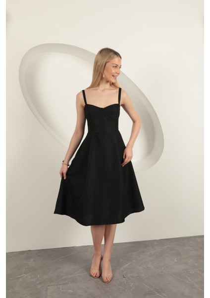 Askılı Midi Elbise-Siyah