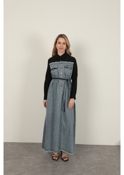 Denim Kumaş Garnili Elbise-Siyah fiyatları