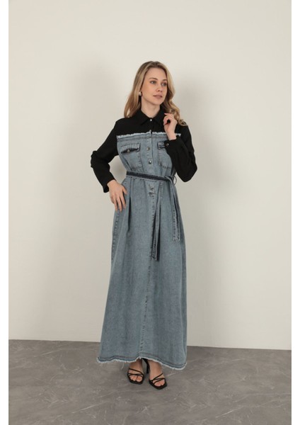 Denim Kumaş Garnili Elbise-Siyah modelleri