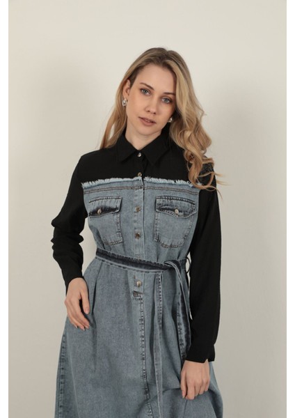 Denim Kumaş Garnili Elbise-Siyah fırsatları