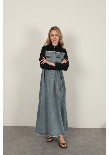 Denim Kumaş Garnili Elbise-Siyah indirimleri