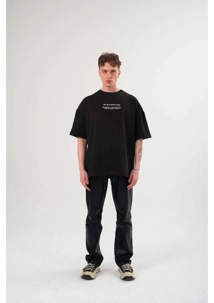 Unisex Bisiklet Yaka Baskılı Oversize T-Shirt - Siyah