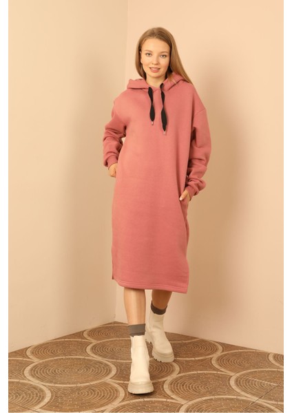 Şardonlu 3 Iplik Kumaş Kapüşonlu Kadın Elbise-Gül Kurusu