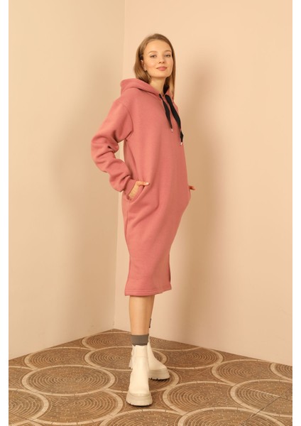 Şardonlu 3 Iplik Kumaş Kapüşonlu Kadın Elbise-Gül Kurusu fiyatları