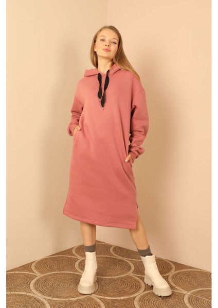 Şardonlu 3 Iplik Kumaş Kapüşonlu Kadın Elbise-Gül Kurusu modelleri